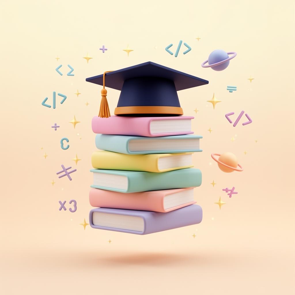 A stack of colorful books with a graduation cap, surrounded by stars and learning icons